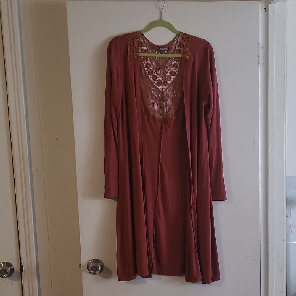 EARTHBOUND Rust Lace Detail Long Open Cardigan